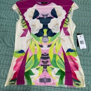 NWT AFRM Mesh Floral Print Cap Sleeve Top - Fuchsia Multi
